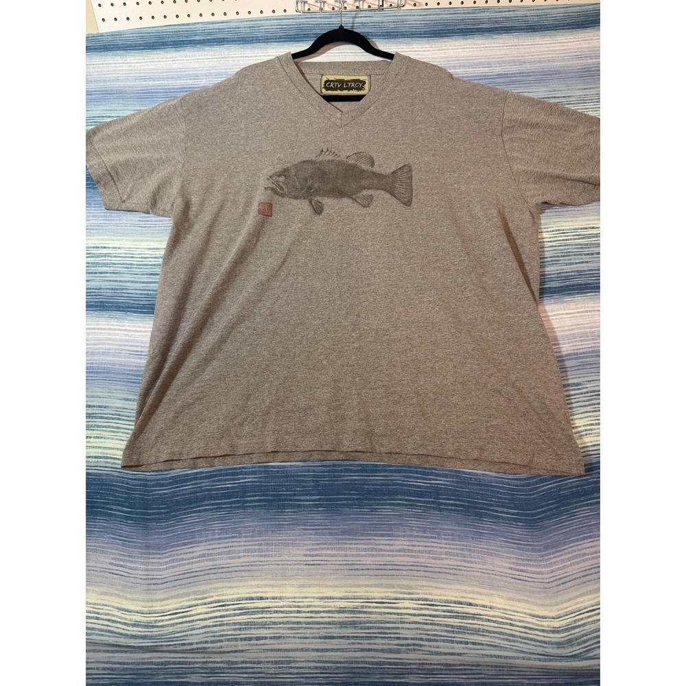 Upcycled Mens Fish Block Print V-Neck T-Shirt Gray One of One XL